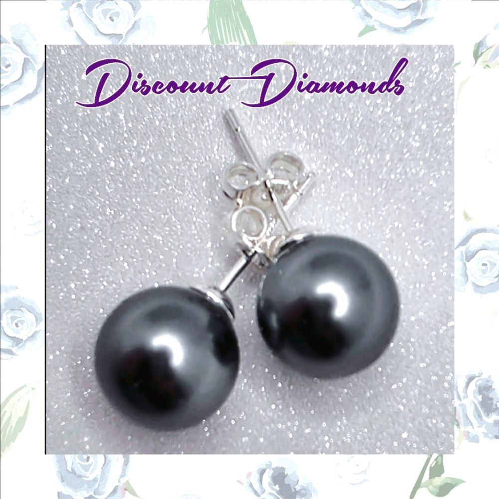 Deep Gray 10mm  South Sea Shell Pearl Stud Earrings on 925 Silver